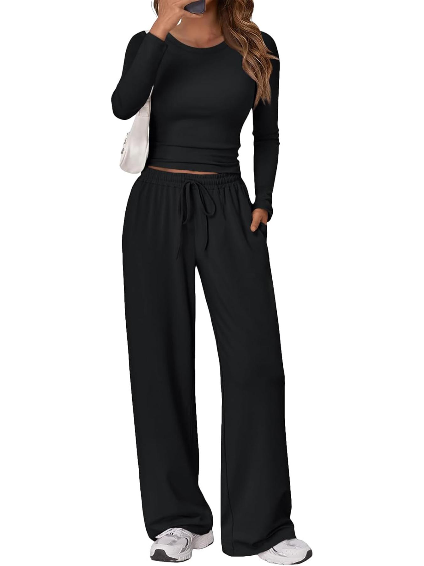Women's 2 Piece Matching Lounge Set Long Sleeve Slightly Crop Top Wide Leg Pants Casual Sweatsuit 2026 Drawstring