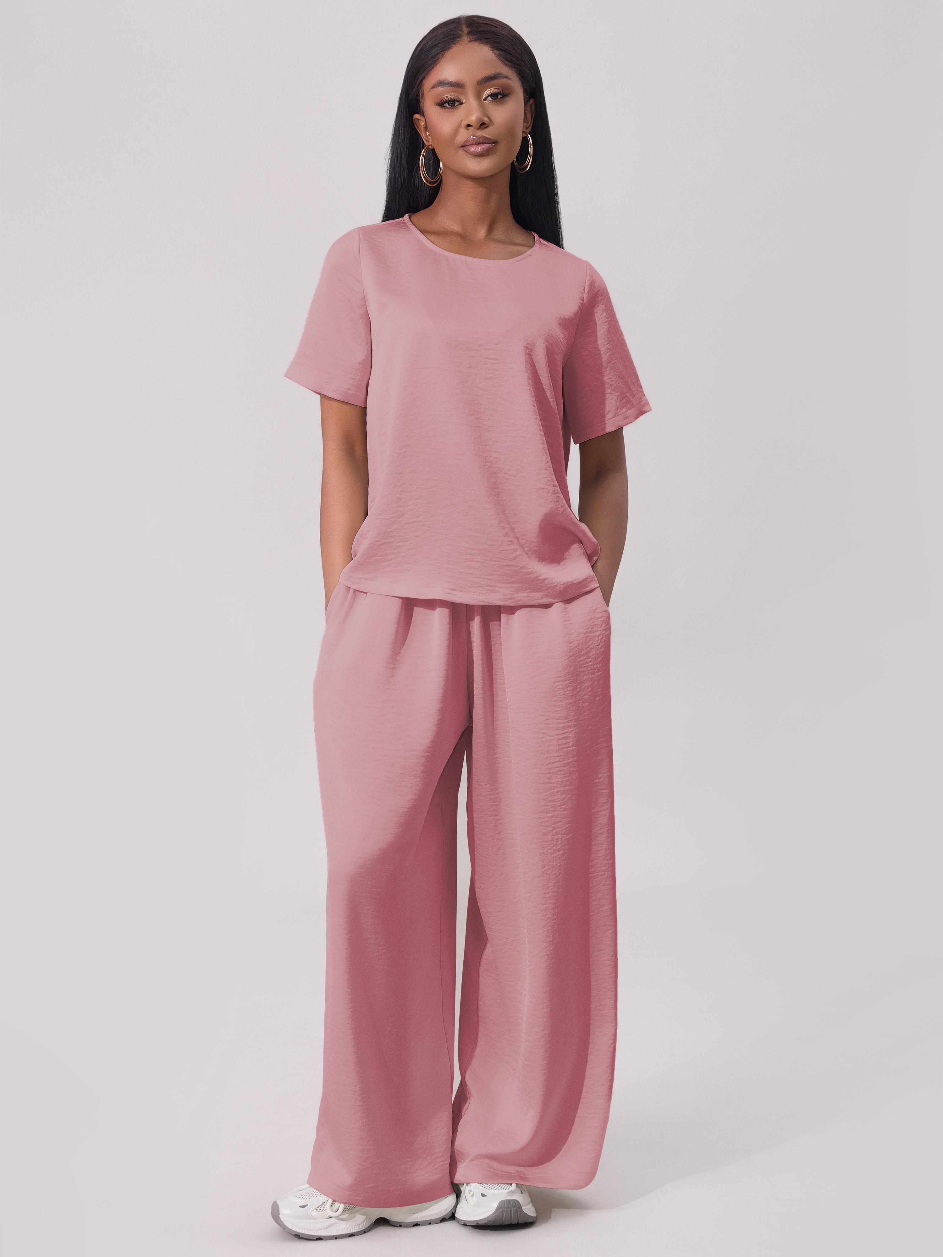 Joyfunear Women's round Neck 2 Piece Set Wide Leg Pants Set Short Sleeve satin Pullover Tops Wide Leg matching set Joyfunear Women's round Neck 2 Piece Set Wide Leg Pants Set Short Sleeve satin Pullover Tops Wide Leg matching set