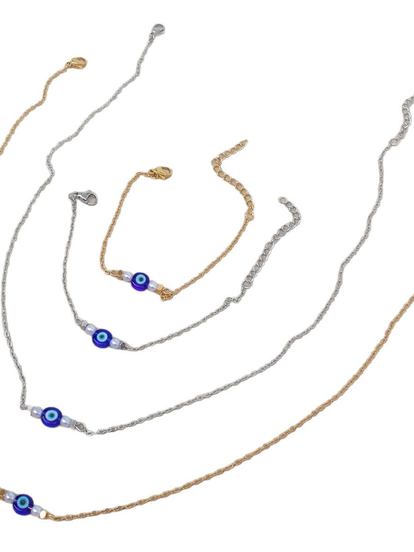 Stainless Steel Devil Eye Jewelry Set, Summer Simple Pearl Glass Eyes Necklace Bracelet, Elegant Fashion Accessory