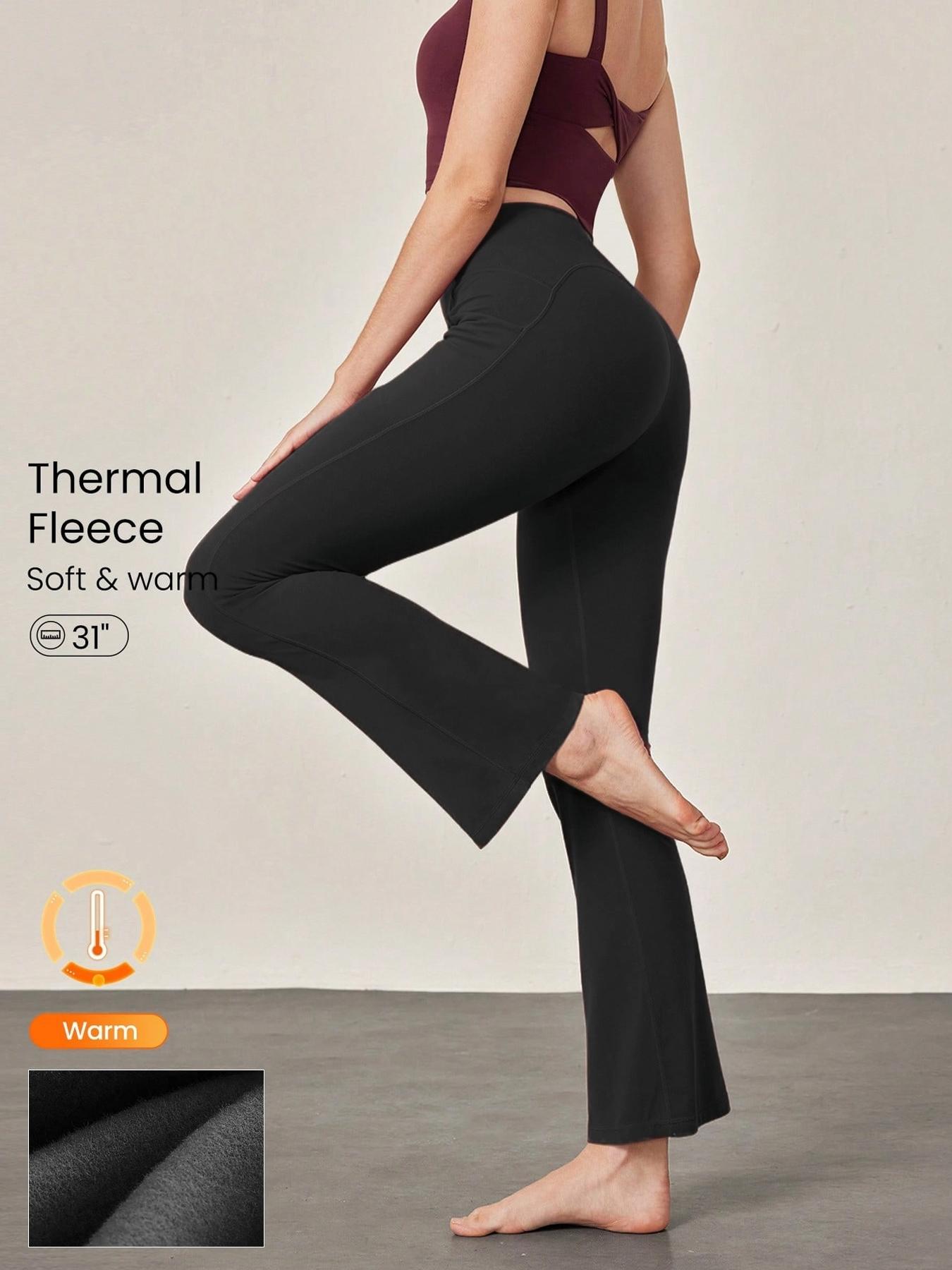 3-Pack Women'S Fleece-Lined High-Waisted Yoga Pants - Thermal Workout Leggings with Side Pockets, Non-Slip Grip, Stretchy Flare Bottoms for Running, Gym, Yoga - Winter Warmth & Tummy Control - Athletic Pants for Women