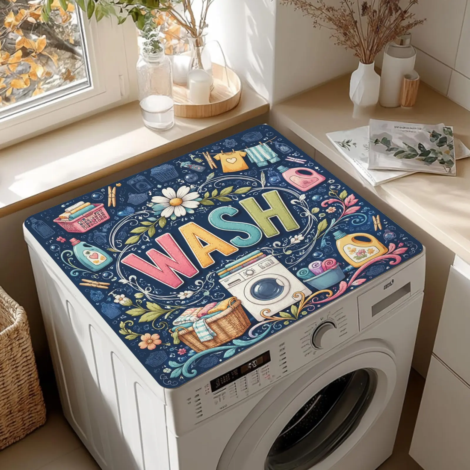 Washing Machine Top Protector Cover, Vintage Floral Print Appliance Pad, 23.6x19.7in & 28x24in Sizes, Water-Absorbent Non-Slip Dustproof Laundry Room Countertop Decor, Absorbs Water