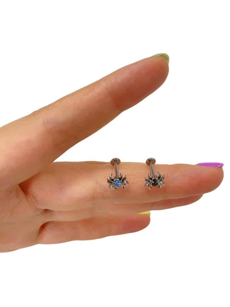 Astm F136 Titanium Spider Ear Studs, Double Round Cz Paved Top, Threaded Labret Tragus Lip Earrings, Punk Style, All Seasons