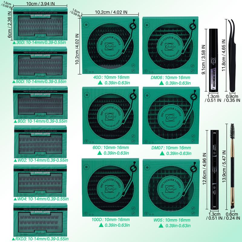 Mixed Length & Styles Individual Lashes Clusters DIY Lash Extensions Kit, 16pcs/set D Curl Cluster Eyelashes & Bond & Seal Lash Glue & Lash Remover & Lash Brush & Tweezers, Makeup Products