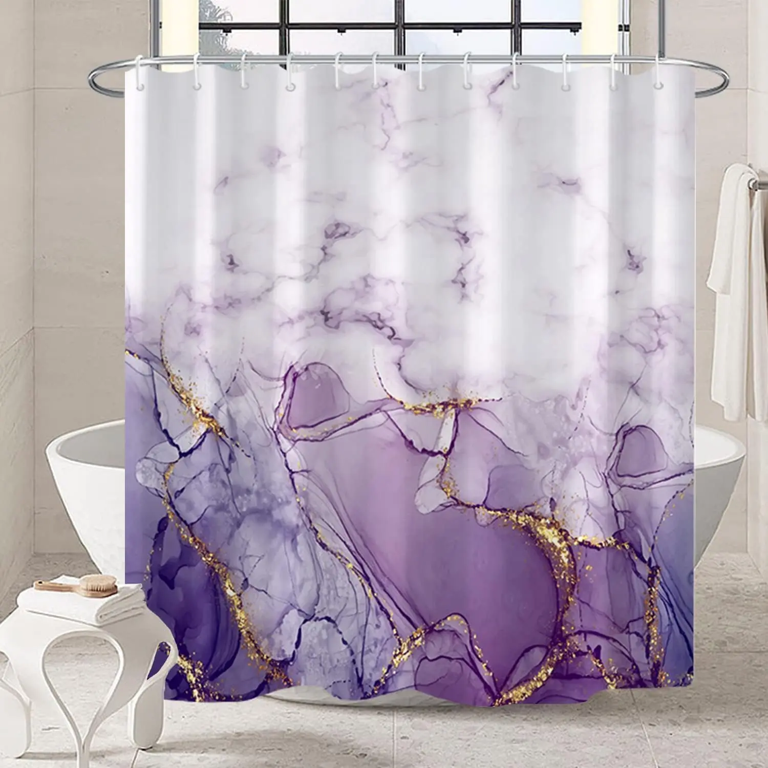 Purple Marble Waterproof Bathroom Shower Curtain 72x72in - Plastic & Stainless Hooks Shower Curtain Set, Abstract Modern Art, Machine Washable, Easy to Install, Lavender Ombre for Hotel Dorm