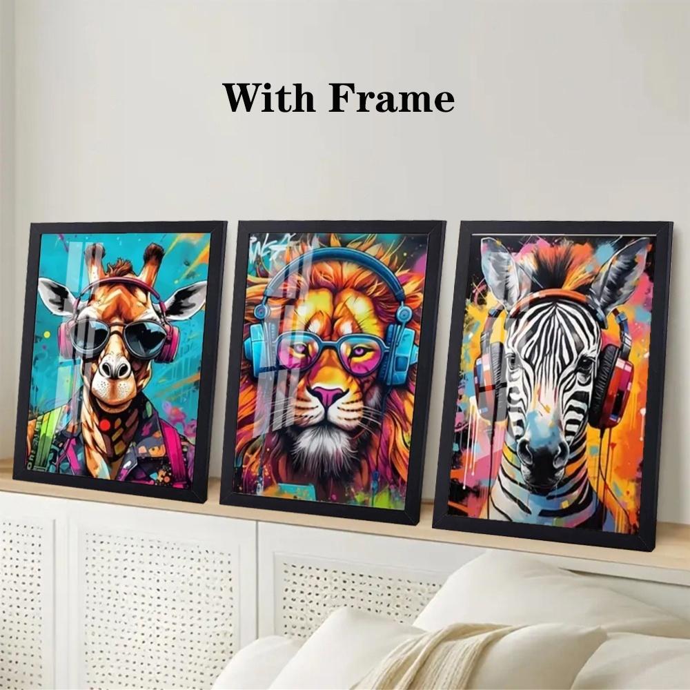 3 Pieces Optional Wooden Frame Cool Graffiti Gamer Headphone Animal Wall Poster Minimalist Wall Art Print Canvas Painting Wall Poster Living Room Home Decor Color Accurate Reproduction Hanging Painting Flat Anti-Wrinkle Art Canvas