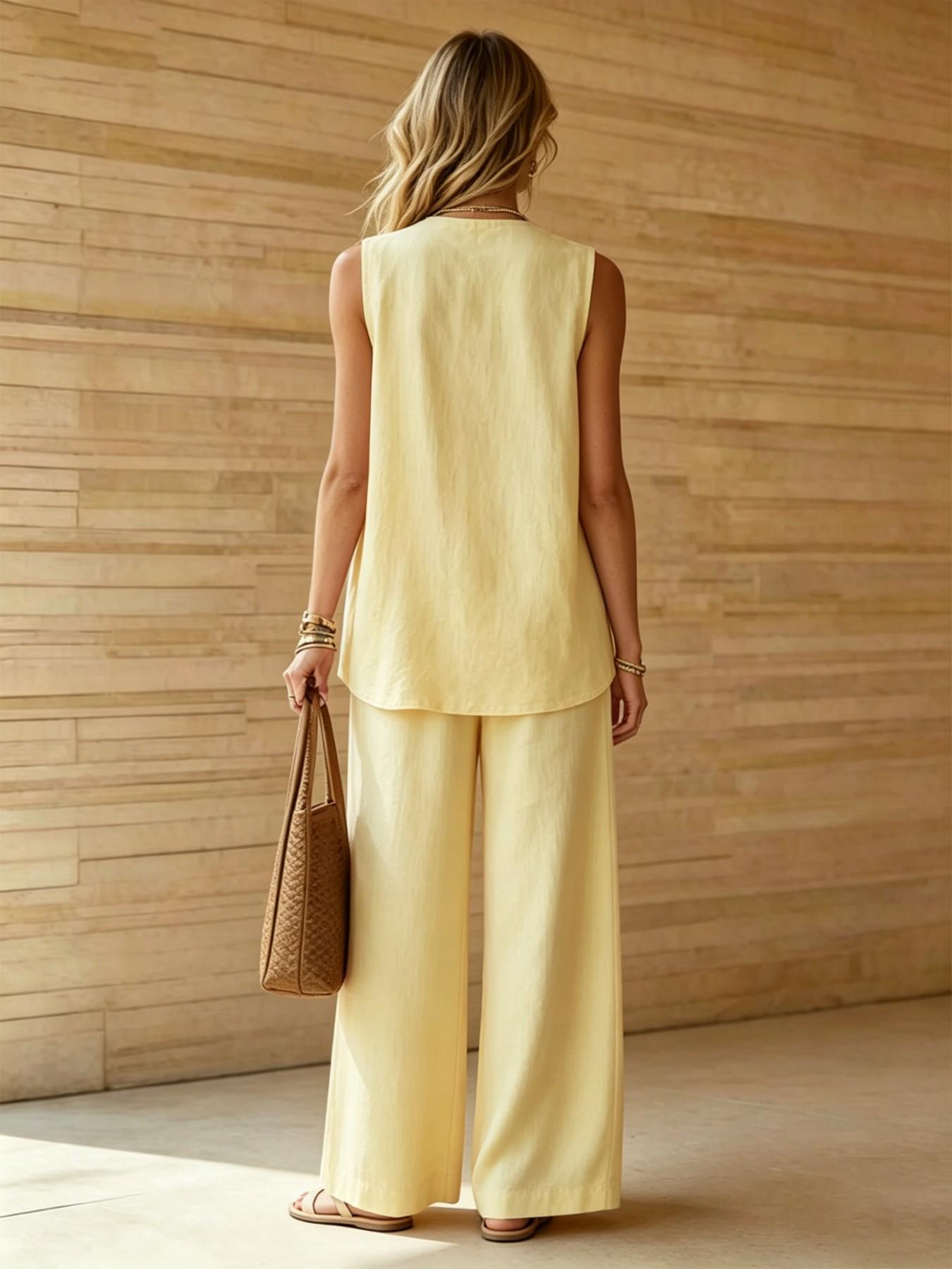 Women's Summer Two-Piece Set, Sleeveless Asymmetrical Button Vest and Wide Leg Pants, Casual Chic Beach Vacation, Daily Commute Wear, Fashion