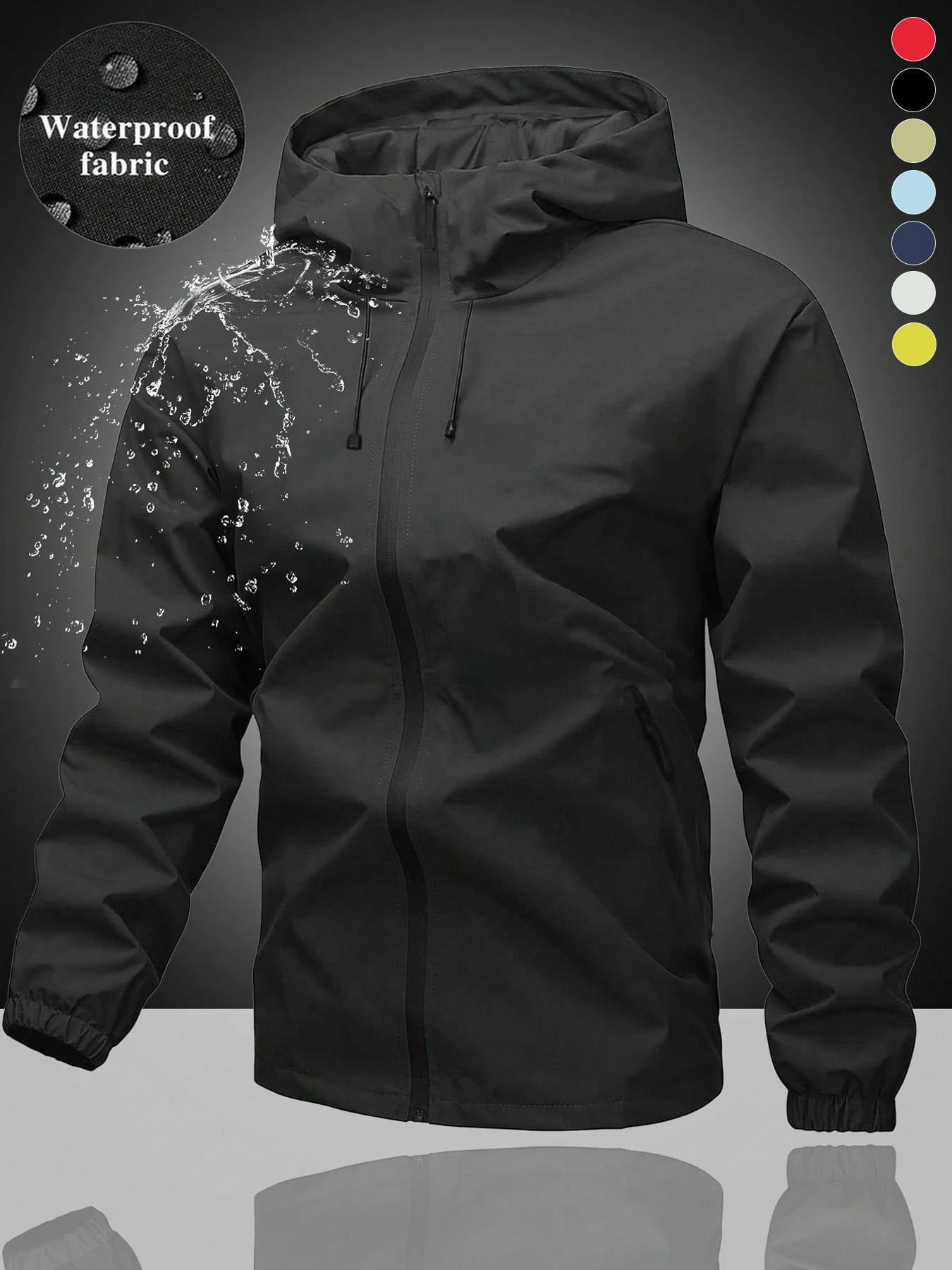 Unisex Plain Waterproof Windproof Drawstring Zip Up Hooded Jacket, Casual Long Sleeve Zipper Pocket Design Outerwear for Outdoor Activities, Men's Clothes for All Seasons, Menswear, Coats