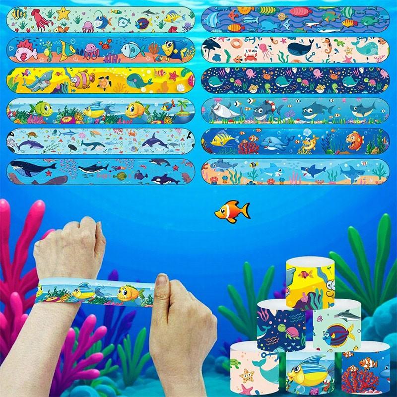 24pcs Ocean Quicksand Slap Bracelet, Mermaid Seashell Wristband, Colorful Marine Animal Snap Band, Assorted Designs, Beach Summer Decor Gift