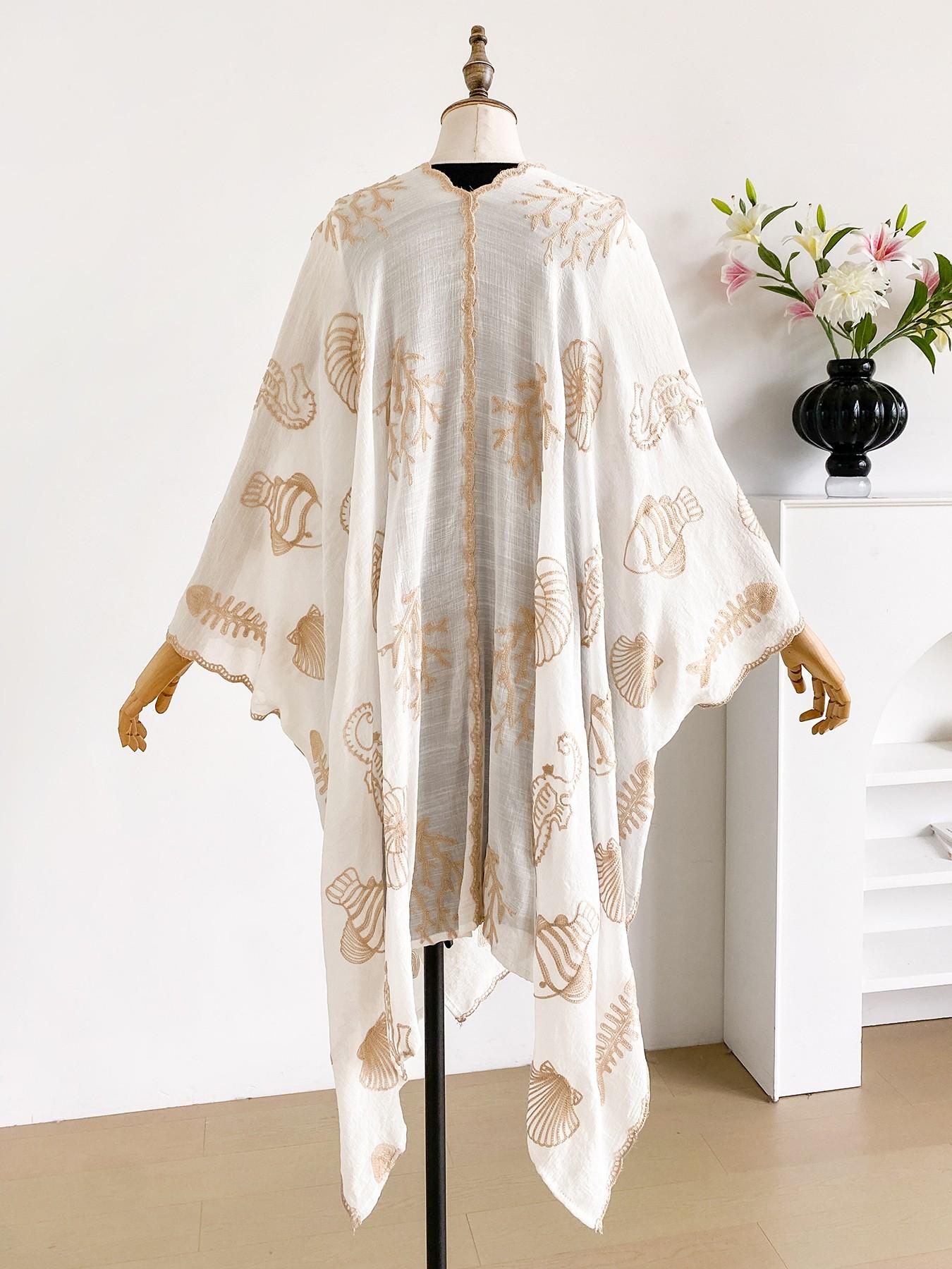 Boho Ocean Embroidered Split Scarf, Loose Fit Elegant All-Season Style, Perfect for Beach Vacations, Commuting and Dates
