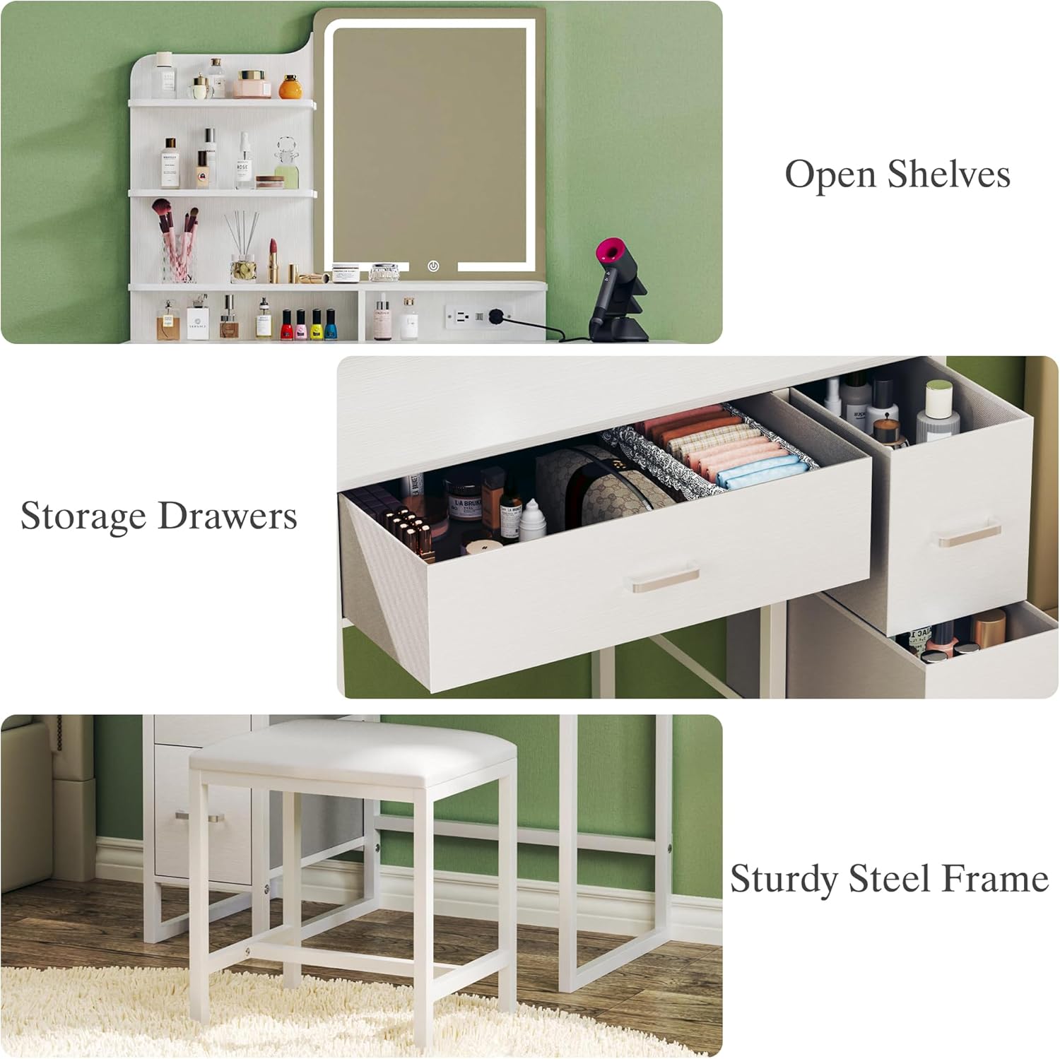 Makeup Vanity Desk with Mirror and Lights, 36.6" Small Makeup Vanity with 4 Fabric Storage Drawer & Chair & Shelves, White Vanity with Fold-up Panel and Power Outlet for Bedroom