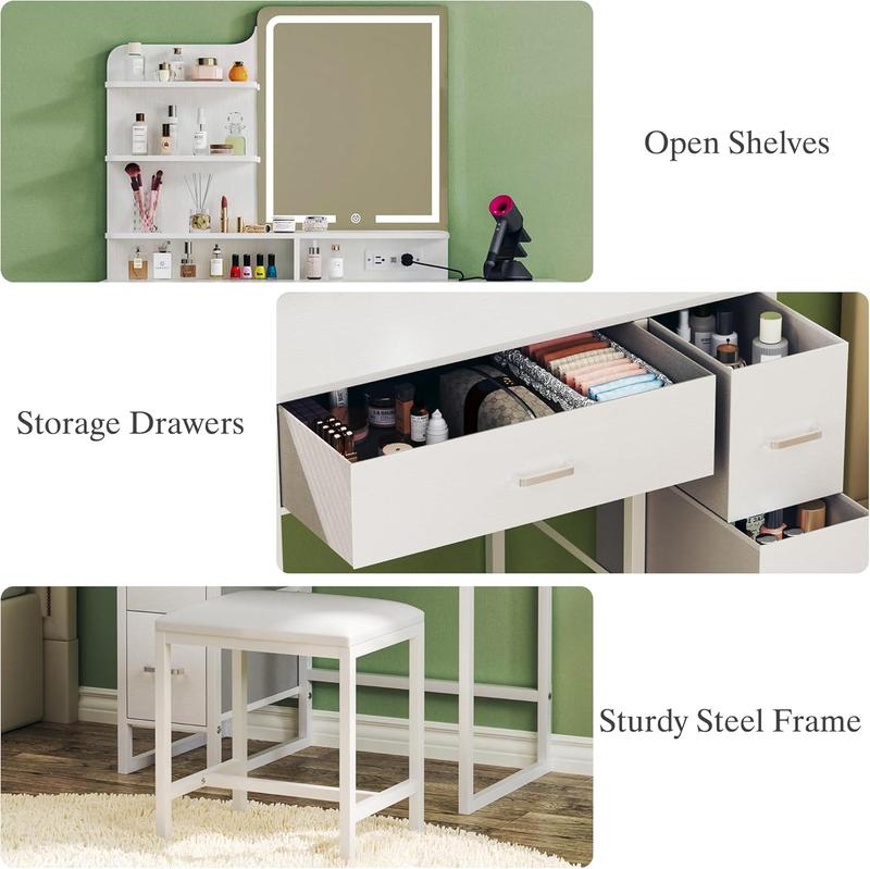 Makeup Vanity Desk with Mirror and Lights, 36.6" Small Makeup Vanity with 4 Fabric Storage Drawer & Chair & Shelves, White Vanity with Fold-up Panel and Power Outlet for Bedroom Makeup Vanity Desk with Mirror and Lights, 36.6" Small Makeup Vanity with 4 Fabric Storage Drawer & Chair & Shelves, White Vanity with Fold-up Panel and Power Outlet for Bedroom
