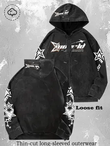 Unisex Street Style Zip Hoodie Jacket, Spring & Fall Thin Cotton Sweatshirt, Xworld Logo Star Pattern, Y2K Campus Hip Hop Fashion