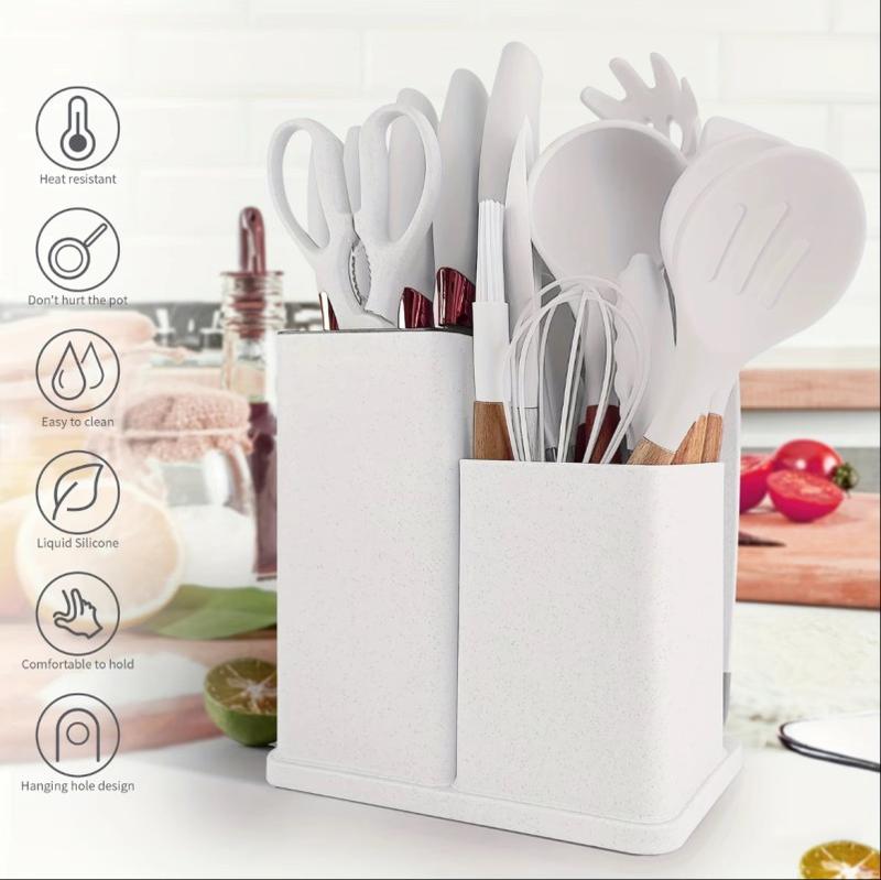 SpringBreakCooking Utensils Set,19PcSKitchen Set CutlerySet with 11 Piece Spatula Cooking Utensils, HeatResistant Silicone Cutlery 6 Piece Sharp Knife Set2 Piece Cutlery Cutting Board Black WoodCookware Rectangular Round Stove WoodenPlastic . White Pasta