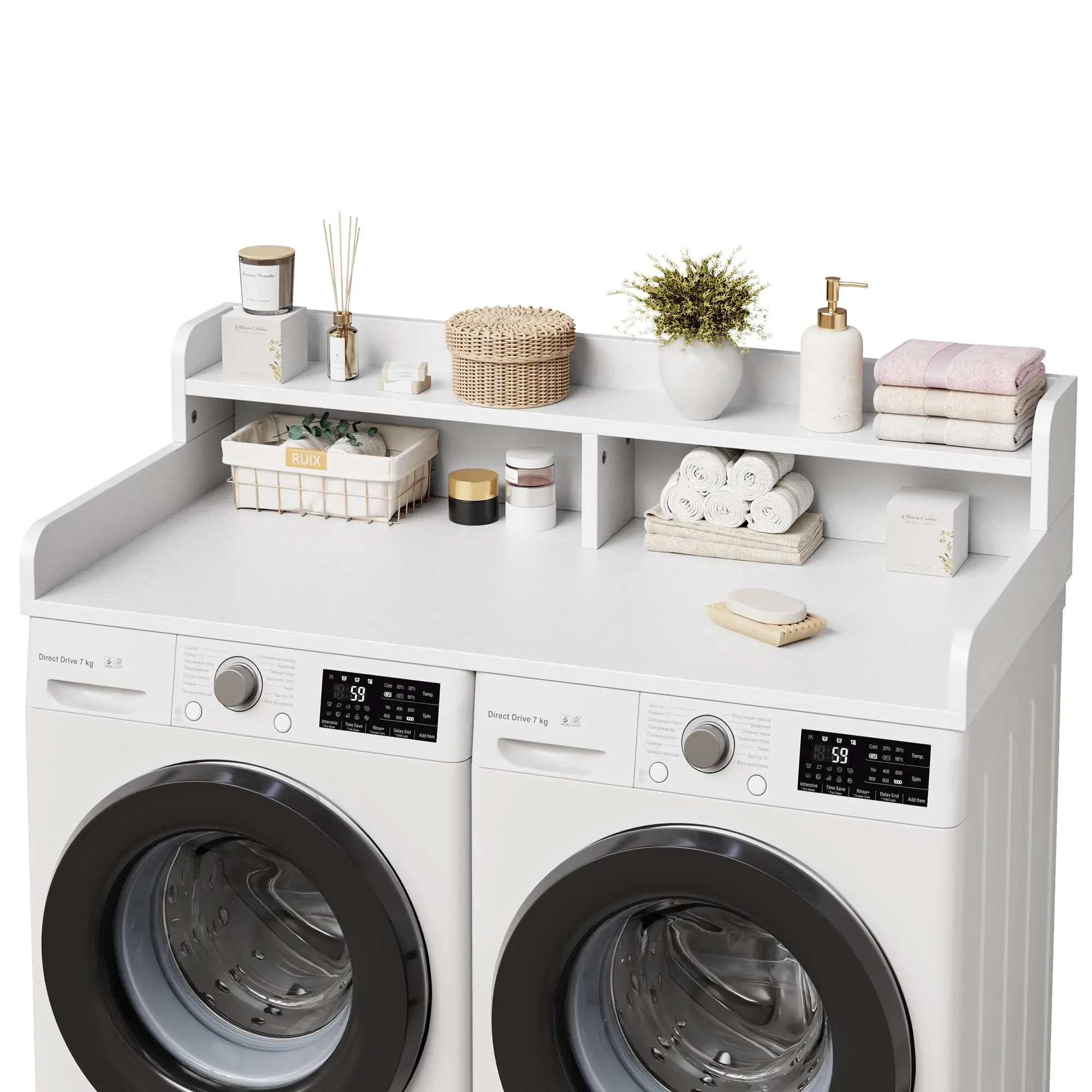 Washer Dryer Countertop, Laundry Room Organizer Table with Storage, Non-Slip Folding Surface for Top Load Front Load Machines, Sturdy Engineered Wood, Guard Rails, White Grey Brown, 54 Inch