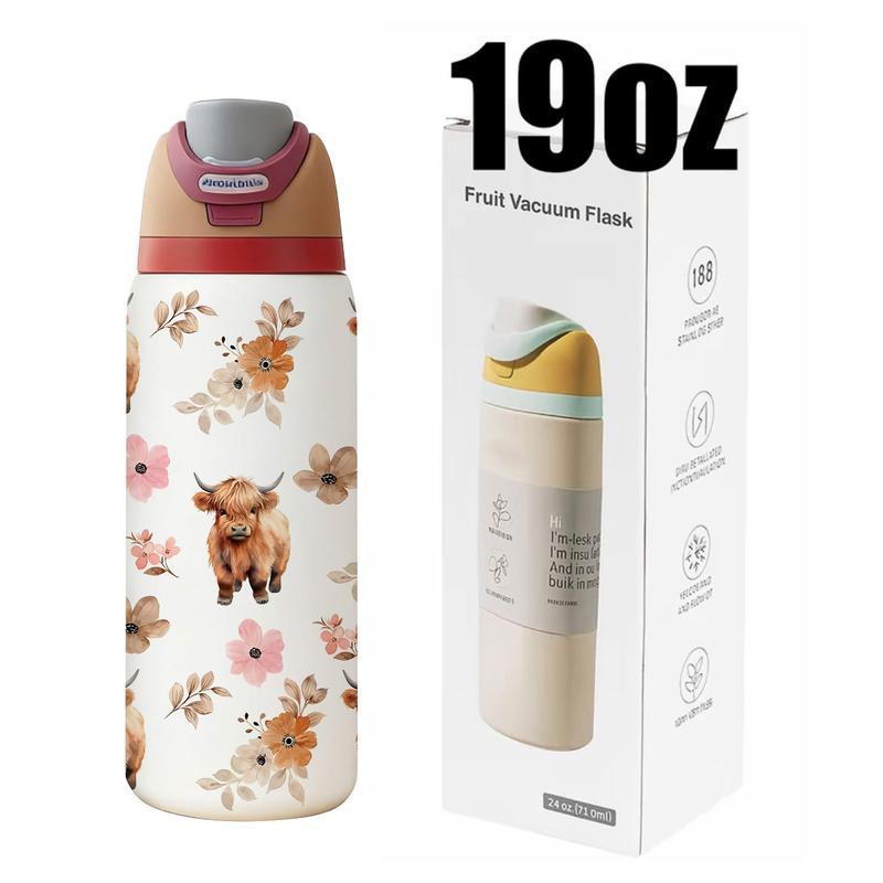 1 pc 19oz/32oz Brown Highland Cow with Flowers Stainless Steel Tumbler with Lid, Hot for 12 hours, cold for 24, Vacuum Cup, Travel Mug, Insulated Flask. Great gift for women, moms, friends and teachers. Perfect for home, office, holiday and outdoor use