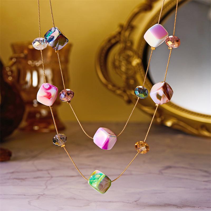 Minimalist Geometric White Aurora Square Necklace for Women Double Layer Locket Chain Elegant Modern Fashion Jewelry