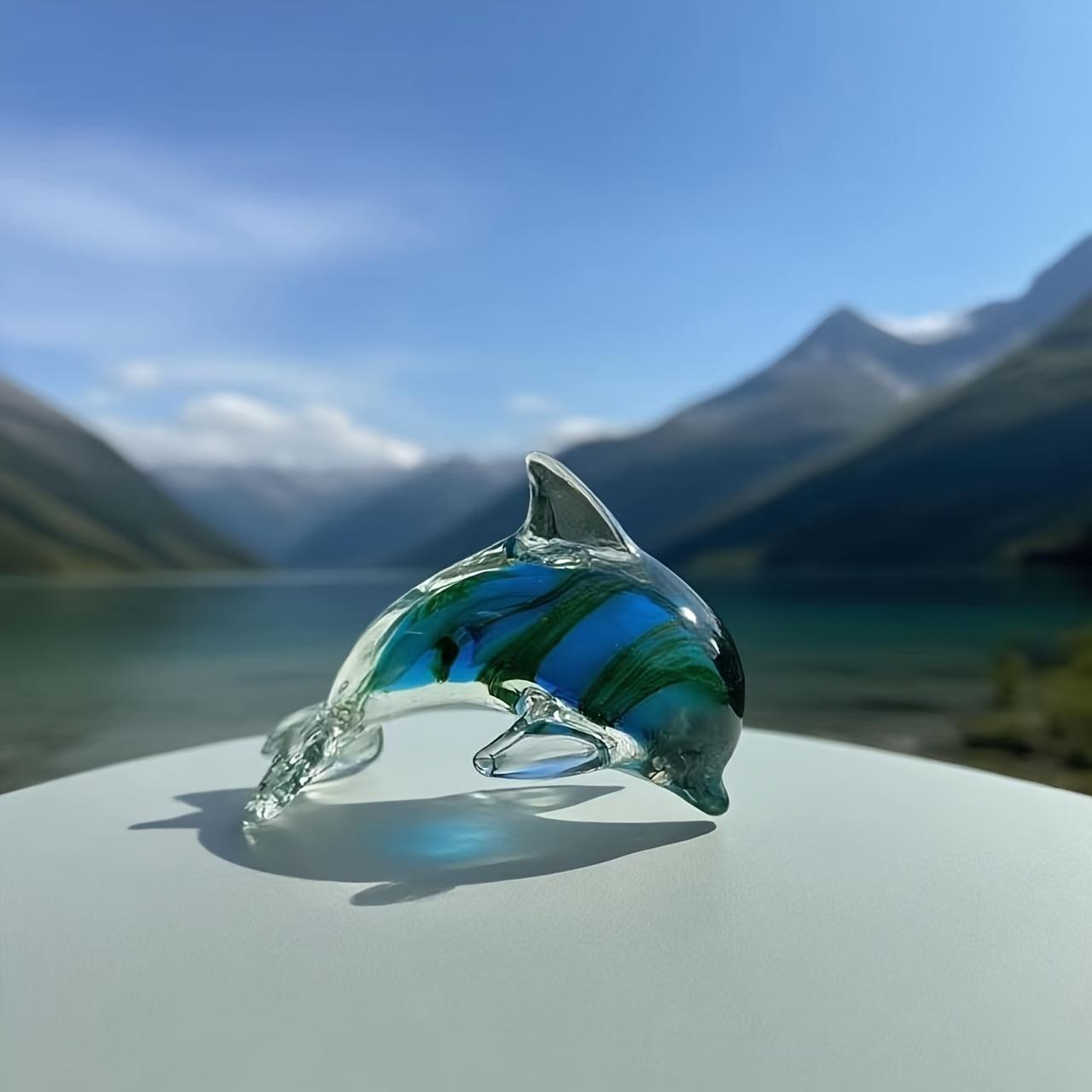 Handmade Blown Glass Dolphin Sculpture, Blue Gradient Glass Art, Luxury Style Home Decor, Unique Art Gift