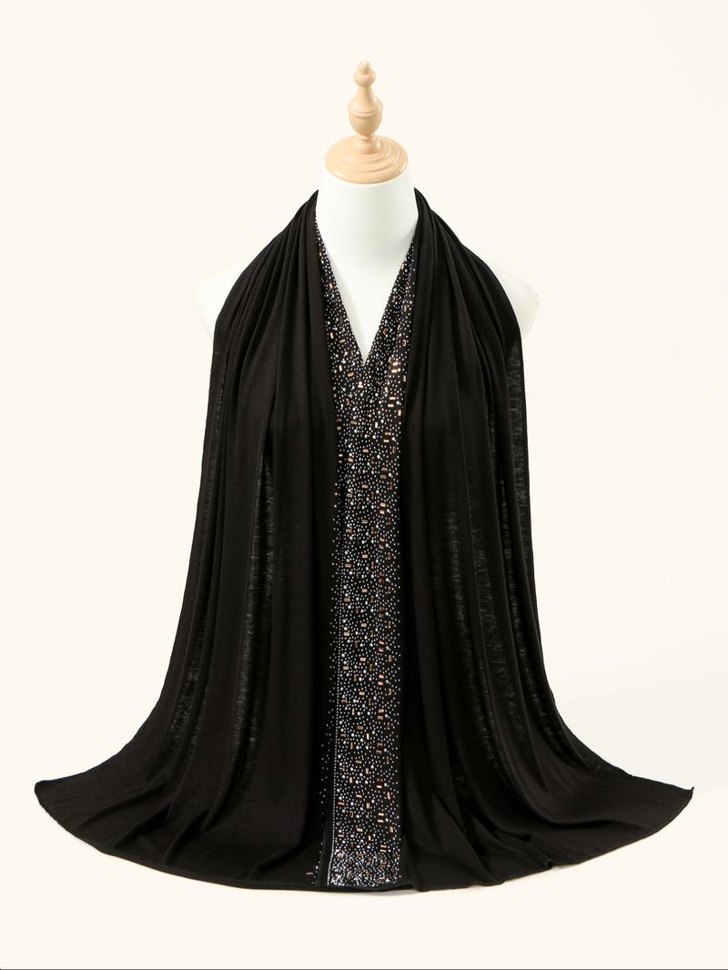 Women's Elegant Rhinestone Handmade Water Drill Headscarf Scarf, Soft Breathable Knitted Jersey Hijab Shawl Cap, All-Season Fashion Accessory