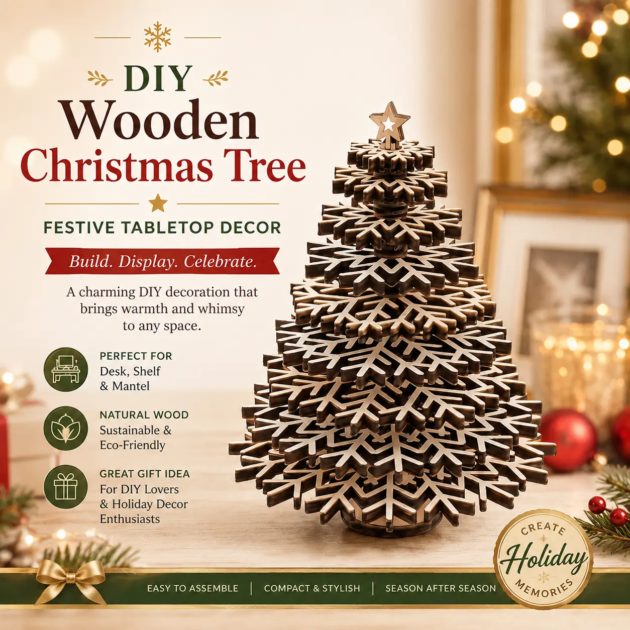 DIY 3D Wooden Christmas Tree Ornament, Paintable Unfinished Wood Snowflake‑Style Xmas Tree, Assemble‑Your‑Self Desktop Holiday Decoration, Festive Tabletop Mantel Counter Display, Hand‑Craft Christmas Decor for Home Party & Holiday DIY Art Project