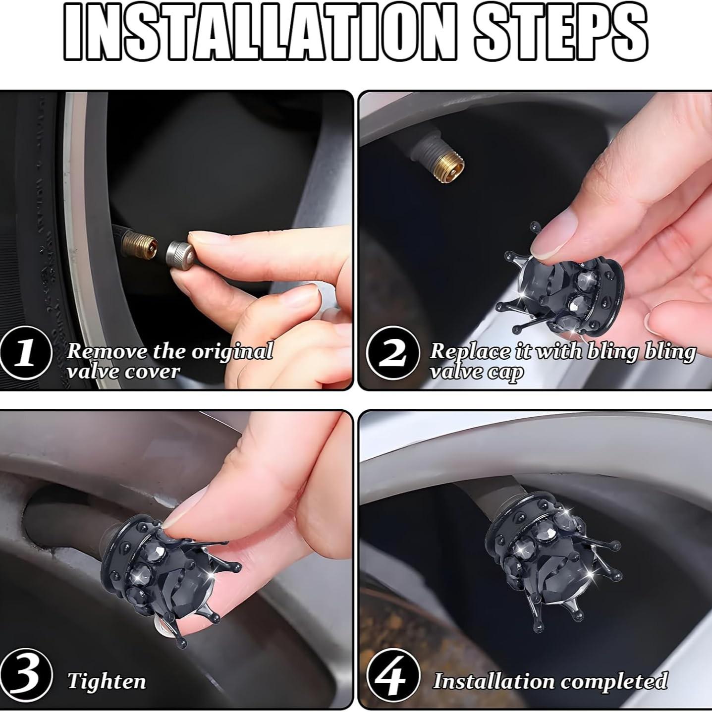 5-Pack Crown Tire Valve Caps, Sparkling Crystal Shape, Universal Chrome, Durable Abs Plastic, Easy Install, Car & Bike Accessories