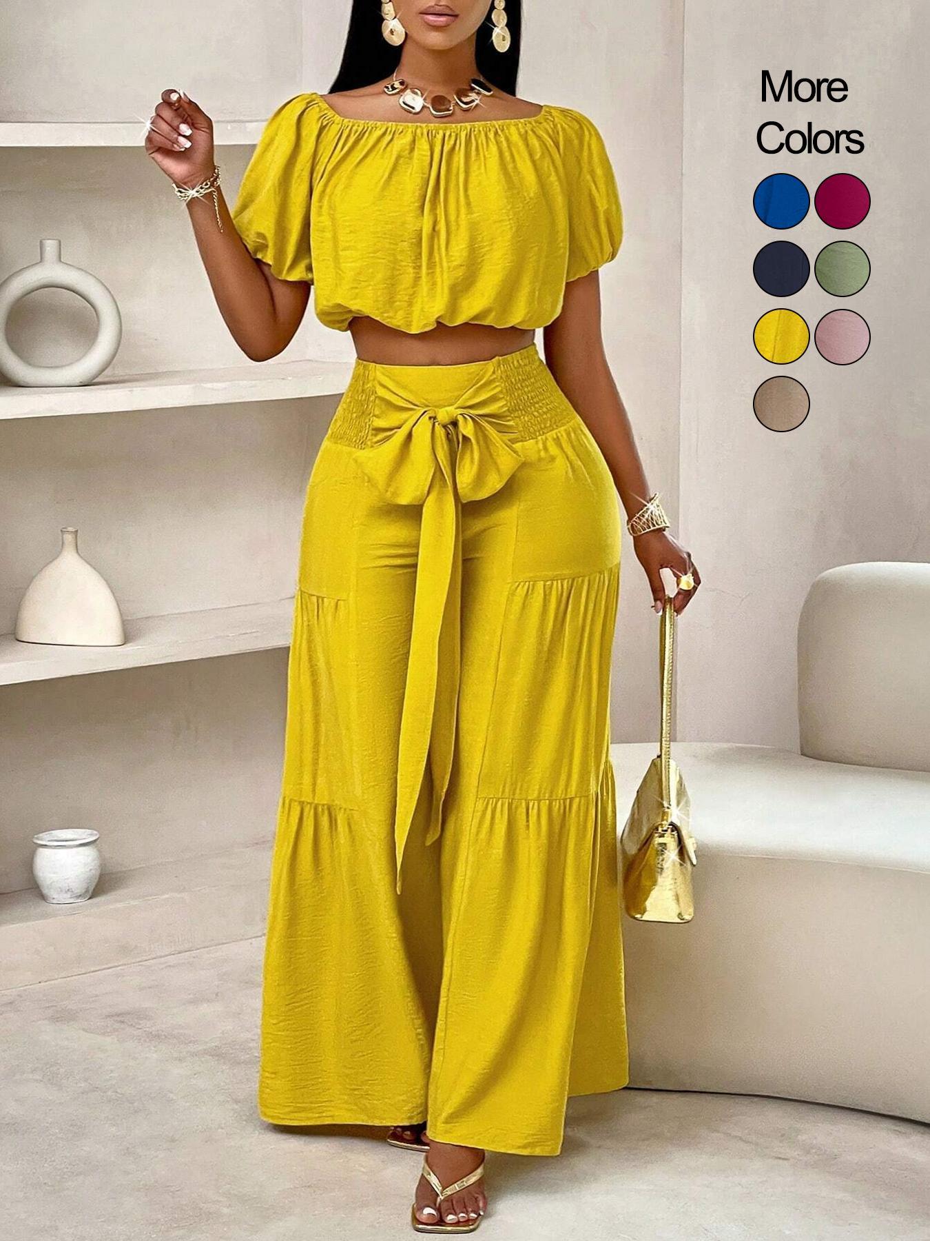 Summer Beach Vacation Bow Shoulderless Round Neck Shirt Wide Leg Pants Set, Casual Plain Design, All Seasons Wear, Women's Fashion