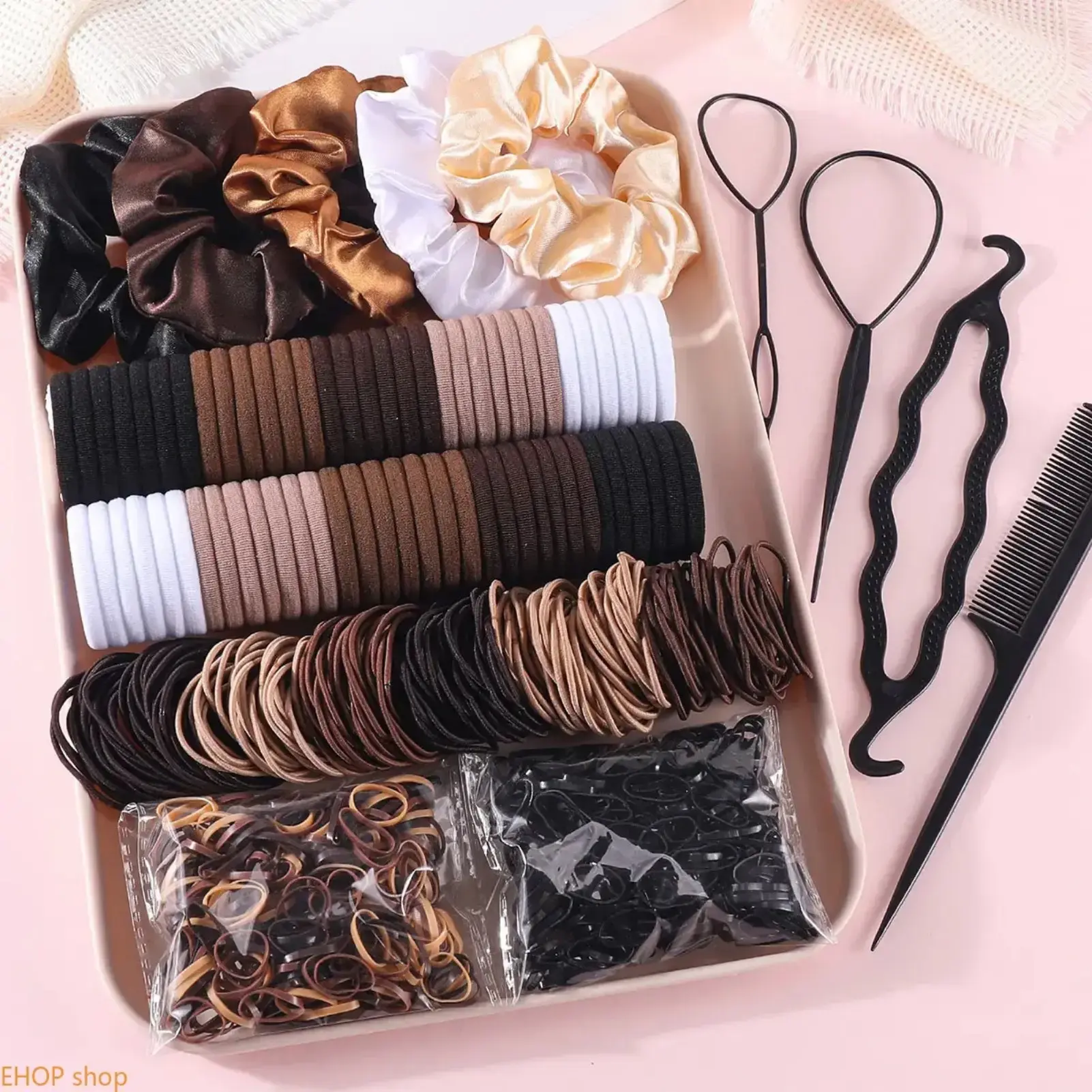 Minimalist Ponytail Hair Accessories for Women, 10-Piece Neutral Scrunchies Ties & Bands Set, No Damage Daily Hairstyling Kit