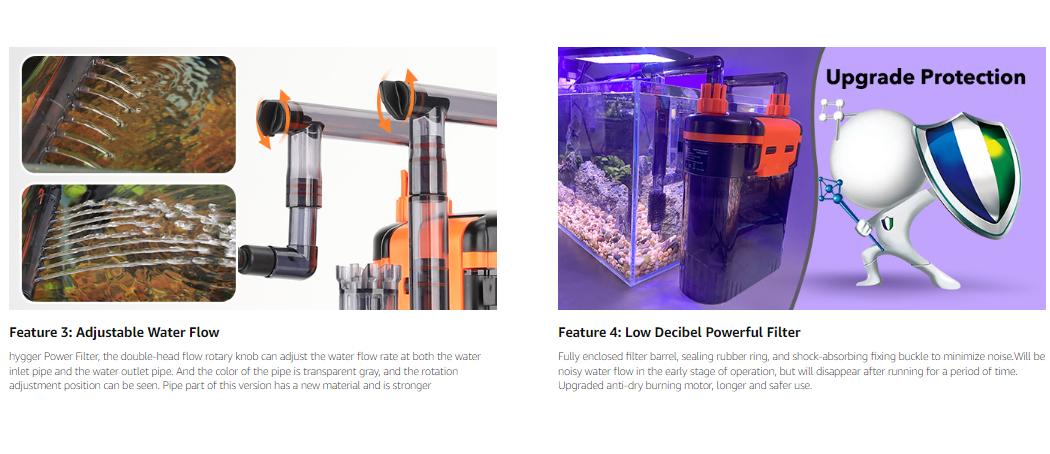 hygger Hang-On-Back Canister Aquarium Filter,No Dry Burning Quiet Fish Tank Filter with Duckbill Nozzle Shower Pipe Outlet Oil Skimmer Adjustable Water Flow 3 Types Filter Media（5W/6W/7W/8W fo 10-60 gal）