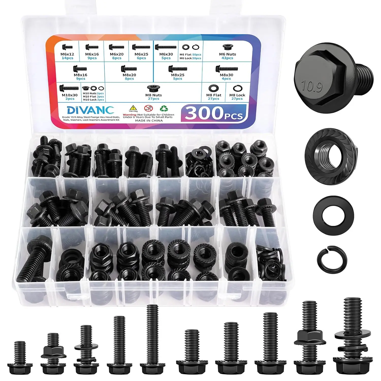 300 count Metric Flange Bolt , M6 M8 M10 Flange Hex  and Nuts Washers Kit, Alloy Steel Class 10.9 Black Zinc Plated, M6x1.0, M8x1.25, M10x1.5 (12mm to 30mm) (Black)