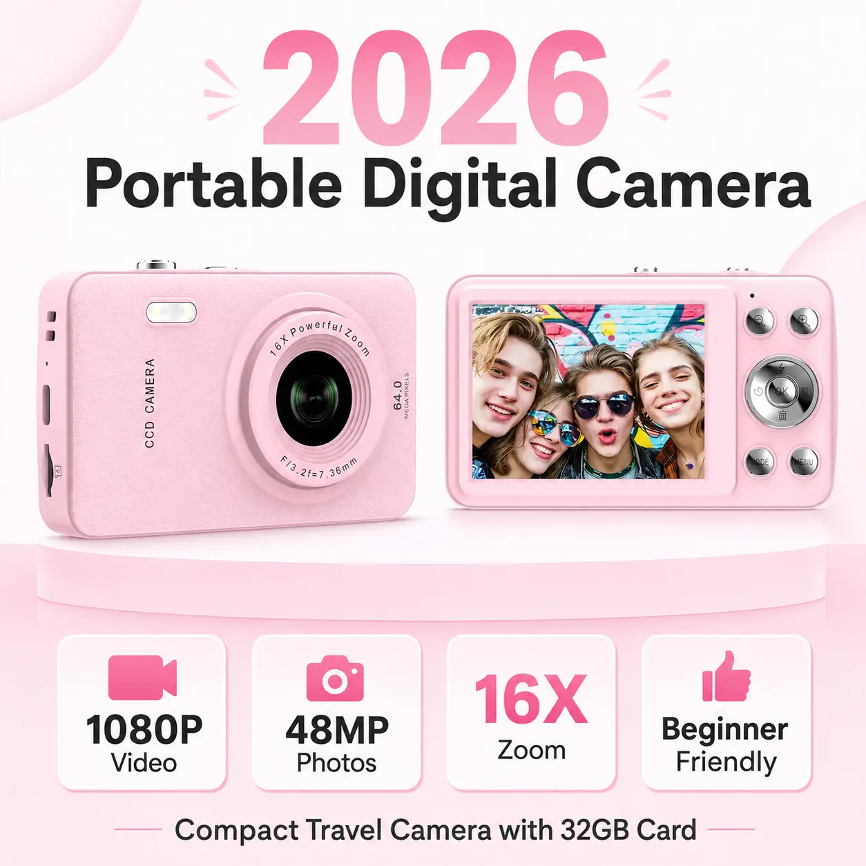 Portable FHD 1080P Camera with Retro Film Style Filters, 16X Digital Zoom and Anti-Shake Function, Easy-to-Use Compact Vlog Camera for Students, Beginners, Travel Photography and Everyday Moments