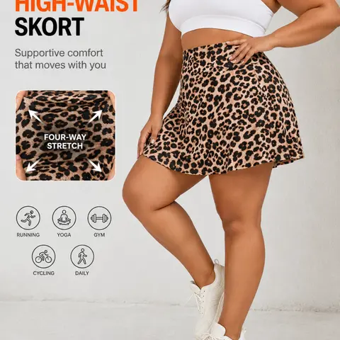 Women's High-Waisted Leopard Print Athletic, Elastic Waist Stretchy Workout Sports Skort with Side Pocket for Phone, Coffee Colorblock Spring Summer Casual Sportswear Pocket Design Skort