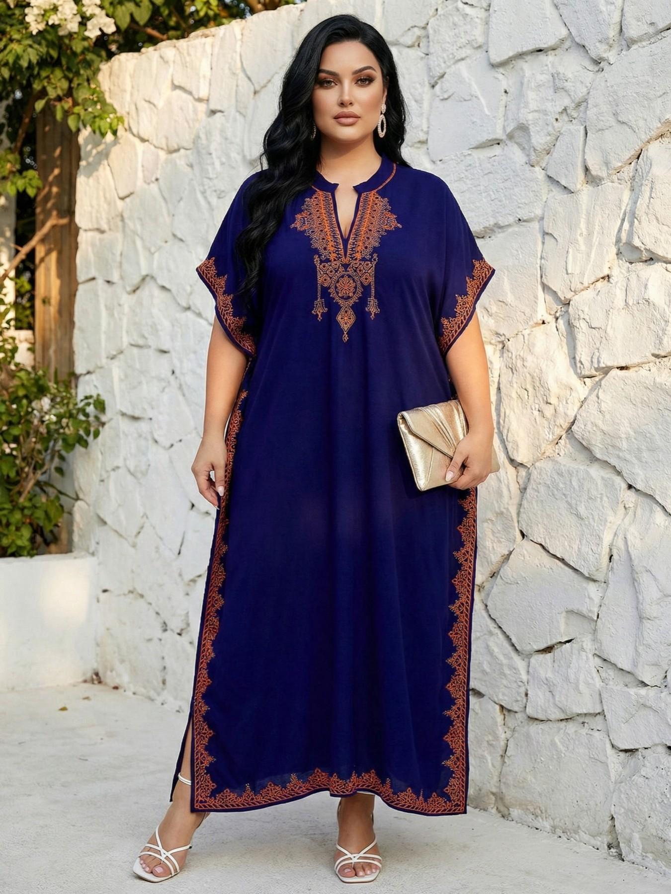 2026Plus Size Ethnic Pattern Embroidered Split Kaftan Dress, Boho Notched Neck Batwing Sleeve Long Dress, Summer Clothing, Women'S Summer Clothes, Modest Clothing Caftan Robe, Muslim Women Gowns, Modesty Muslim Clothing..