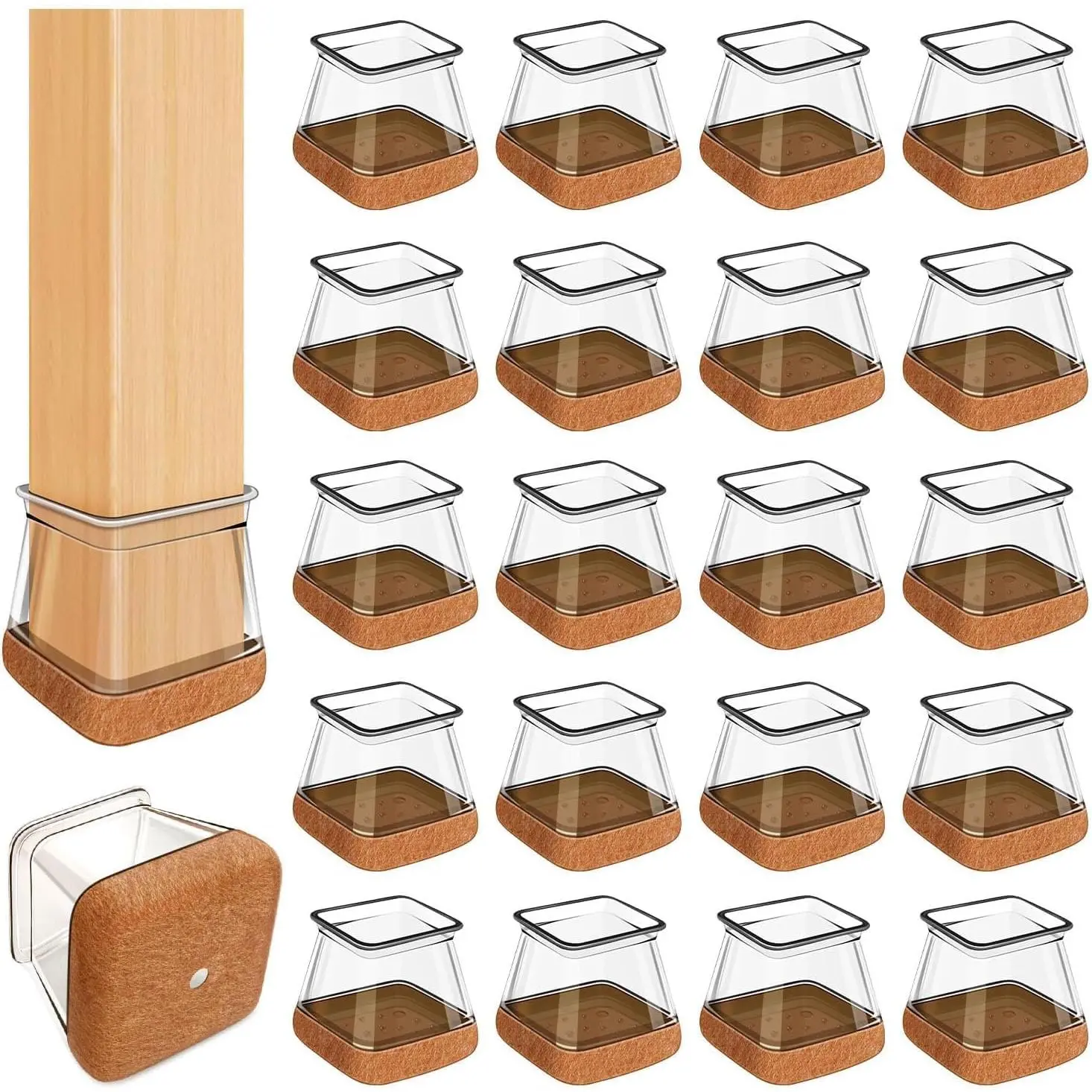 20 Pcs Chair Leg Floor Protectors for Hardwood Floors, Clear Rubber Furniture Sliders with Felt, Silicone Furniture Leg Caps Covers (Fit Square Diameter:1-8/16" to 1-12/16")