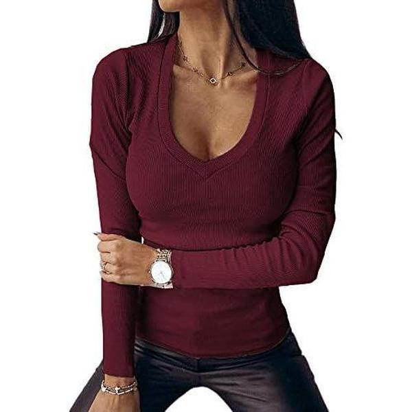 Tankaneo Womens Long Sleeve Shirts Tops Fall Deep V Neck Ribbed Casual Slim Fit Basic Sexy T-Shirt 2025