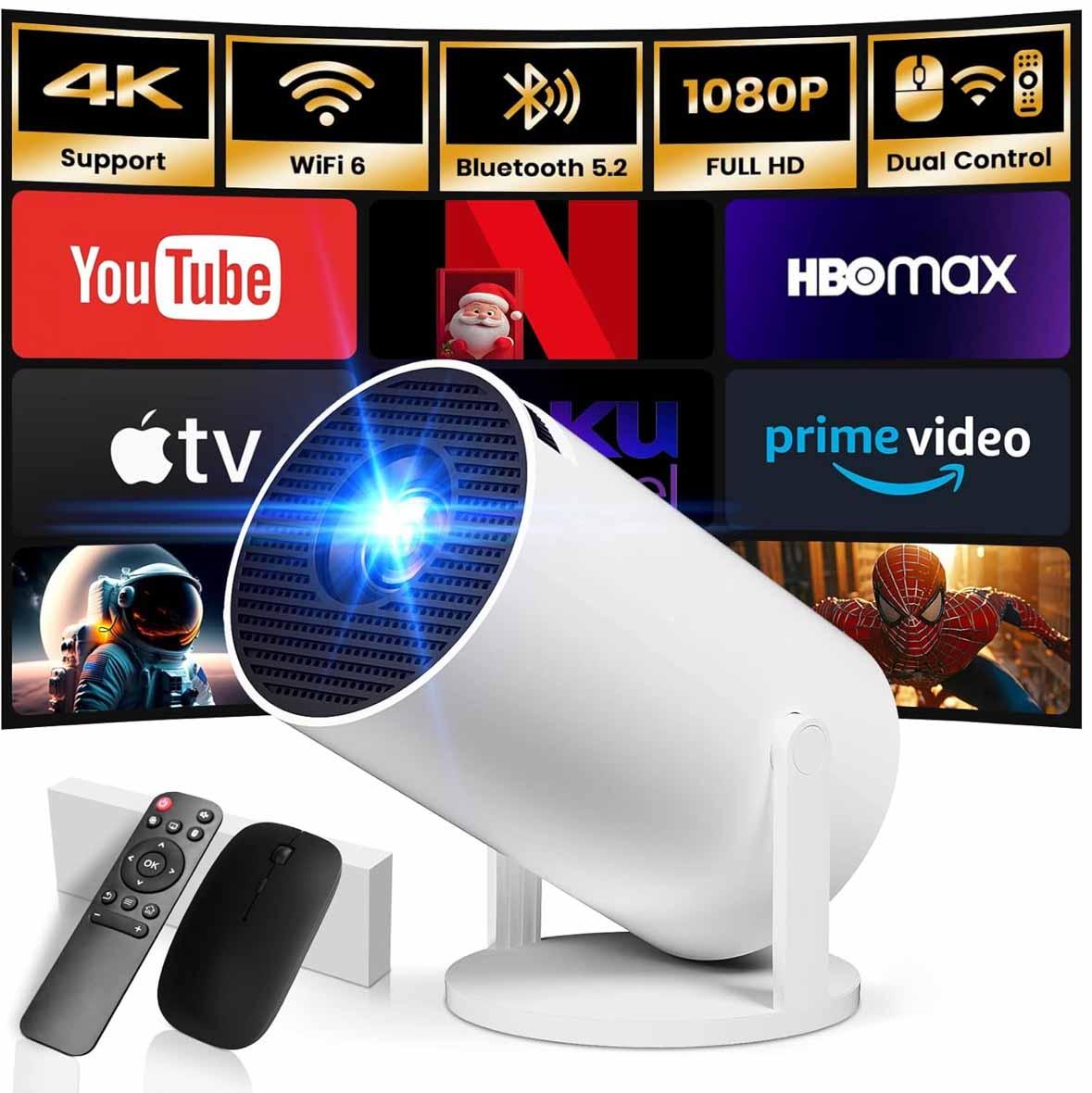 HY300 Mini Projector with WiFi6 & BT5.4, 1100ANSI Brightness, Full HD 4K, 0.9:1 Short Throw, Android 11, 270° Rotation, Smart Features, Portable White Projector