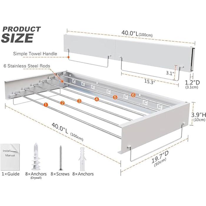 Wall Mounted Clothes Drying Rack 40" Folding Laundry Drying Rack Wall Mount with 6 Aluminum Rods for Maximum Space-Saving Efficiency Collapsible Hanging Rack for Bathroom Laundry