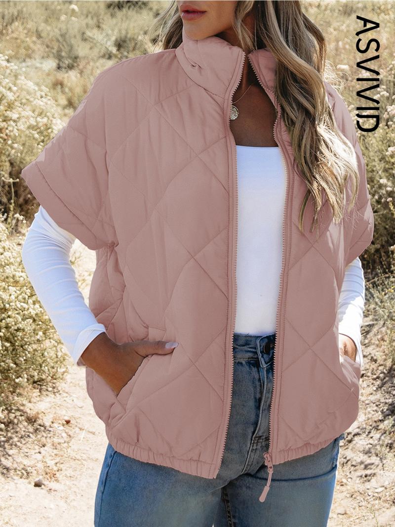 Women's Solid Color Quilted Zip Up Vest Jacket, Casual Pocket Stand Collar Outerwear for Fall & Winter, Ladies Clothes for Daily Wear