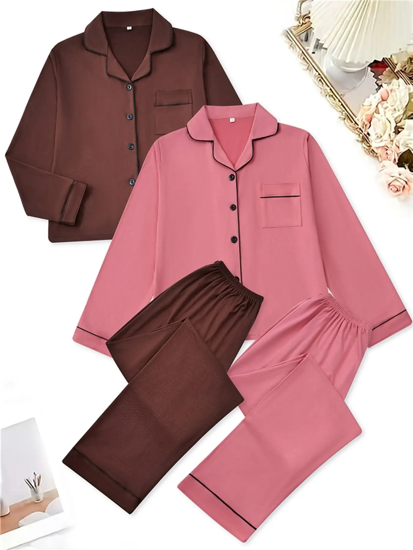 Women's 4-Piece Sleepwear Set, Lapel Cardigan, Long Sleeve Pants, Comfortable Home, All Seasons