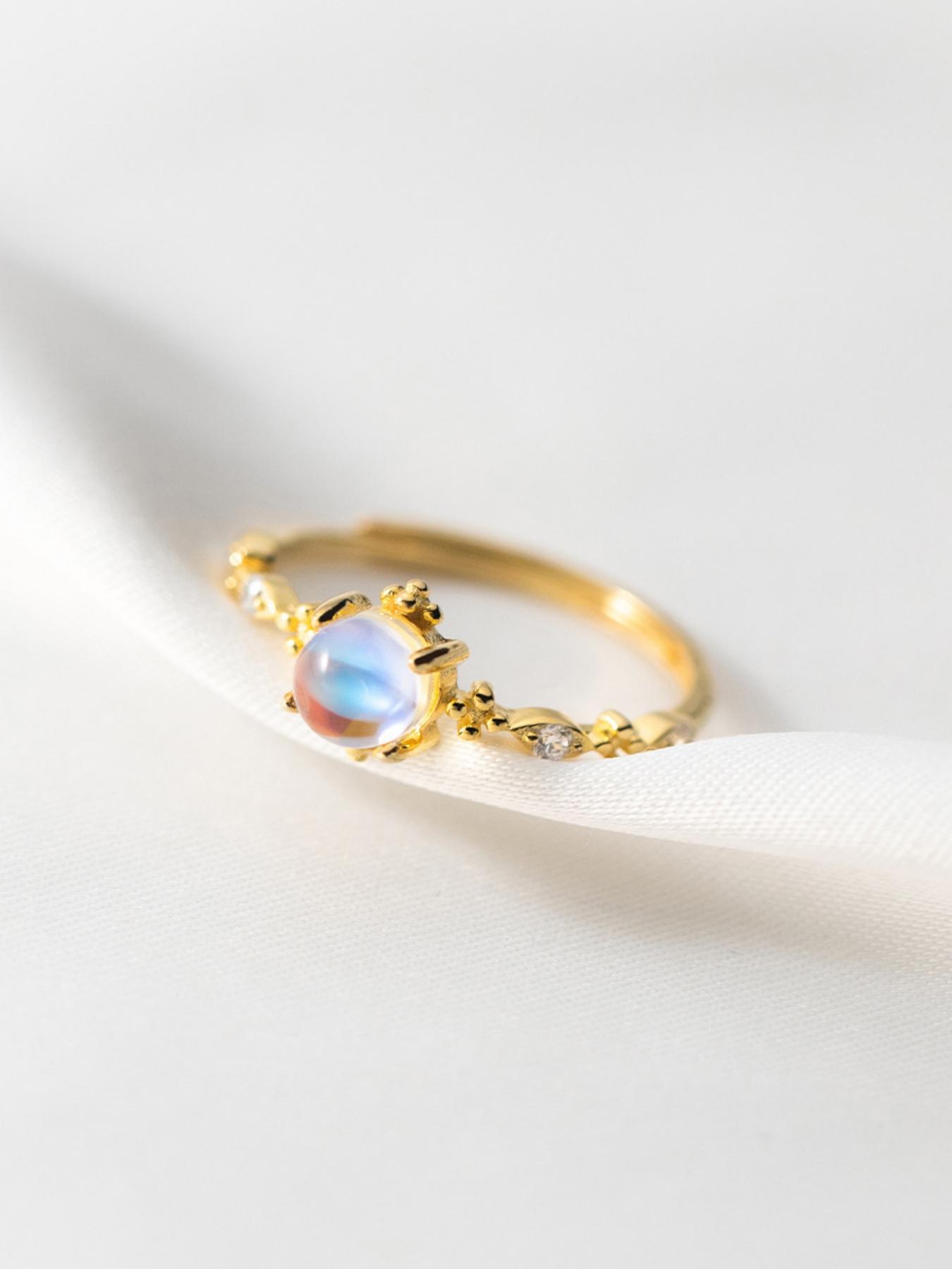 925 Sterling Silver Fashion Blue Moonstone Decorated Cuff Ring, Statement Ring, Vintage Adjustable Ring for Women, Casual Jewelry for Party, Daily Decor, Trendy for Gift