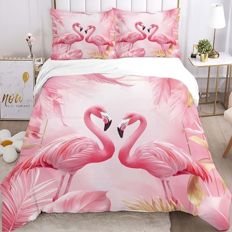 Creative Flamingo Pattern Polyester Bedding Set, Soft Comfortable Home Decor, Includes Duvet Cover and Pillowcases, All Seasons