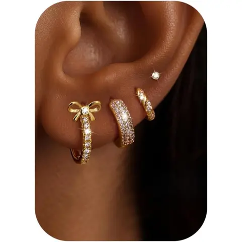 CASSIECA Hoop Earrings for Women S925 Sterling Silver Post Chunky Cartilage Earring Stacks Non Tarnish 14K Plated Gold Filled Small Hoops Stud Set Jewelry, Earring Stack, Tarnish Proof Jewelry Sohochic