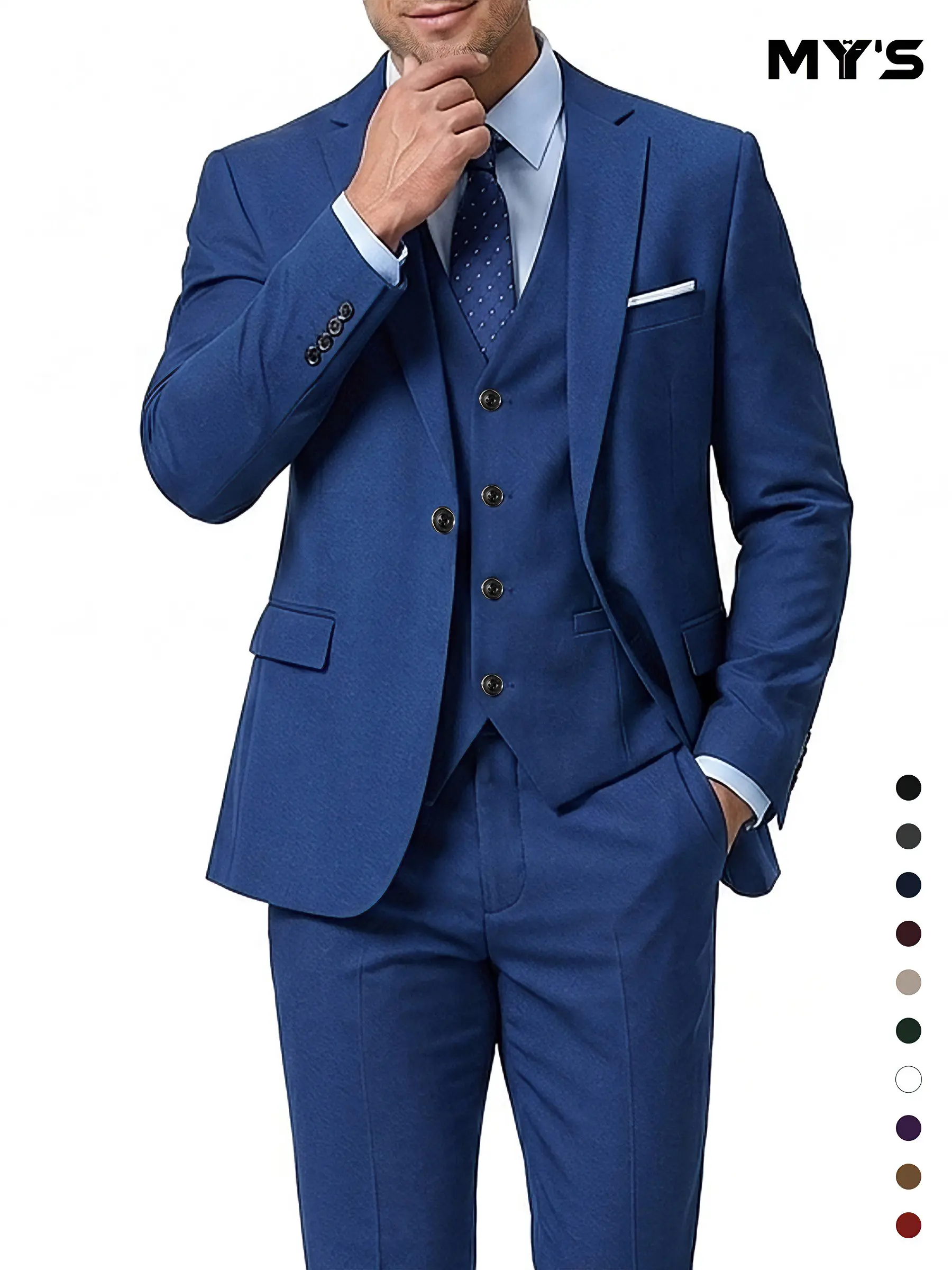 MY'S Men's Slim-Fit 3-Piece Formal Suit Set - Long Sleeve Plain 1-Button Jacket, Pants & Tie, for Wedding, Business, Party, Father's Day Gift, Soho Chic