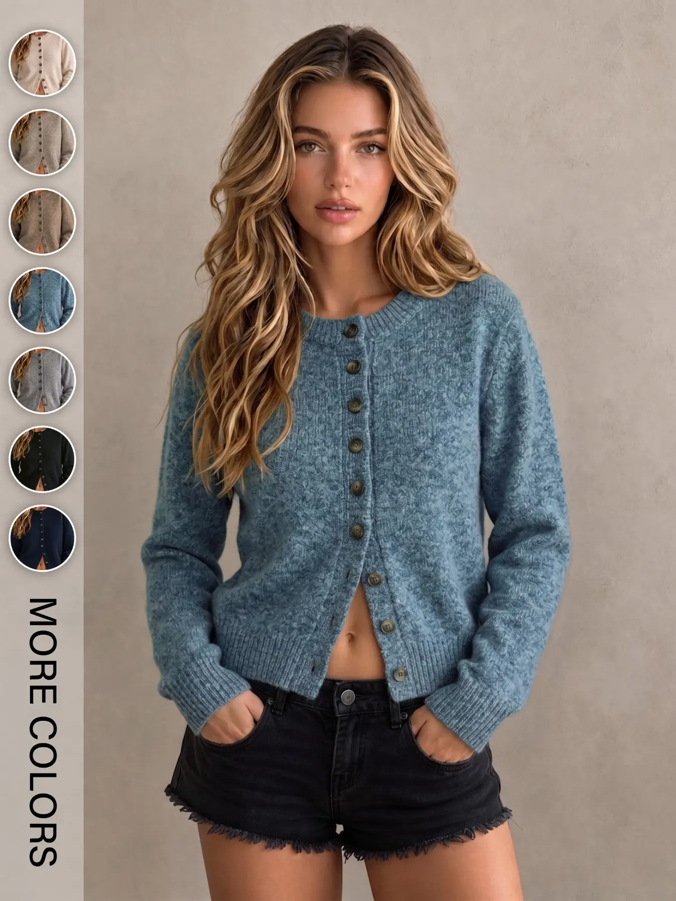 Women's Casual Commuter Simple Solid Color Knit Cardigan, Round Neck Long Sleeve Button Front Short Jacket Coat for Fall Winter