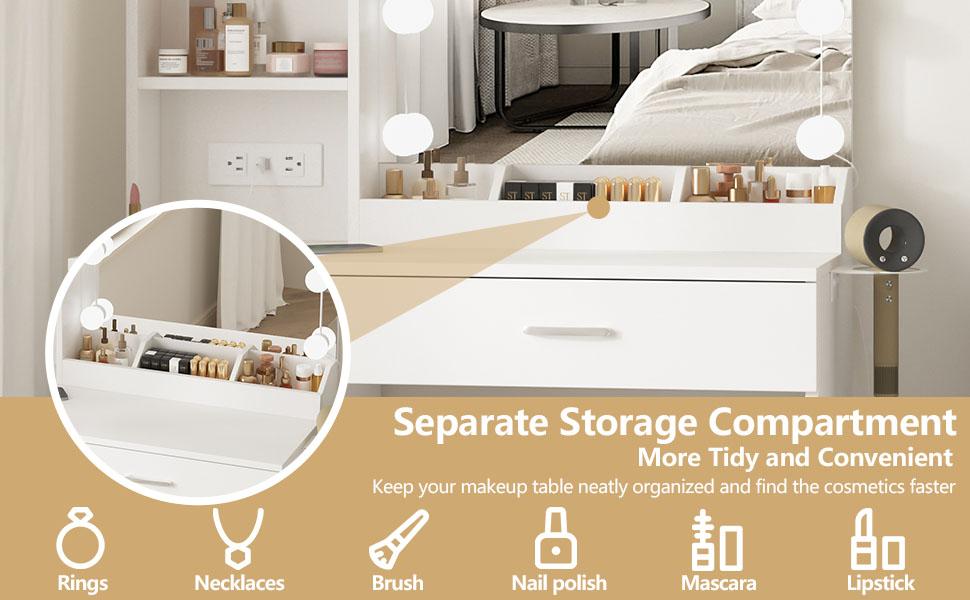 Vabches Vanity Desk with Mirror and Lights,Makeup Vanity with 2 Drawers Lots Storage,Vanity Table with Lighted Mirror,3 Lighting Colors, Brightness Adjustable,35in(L)