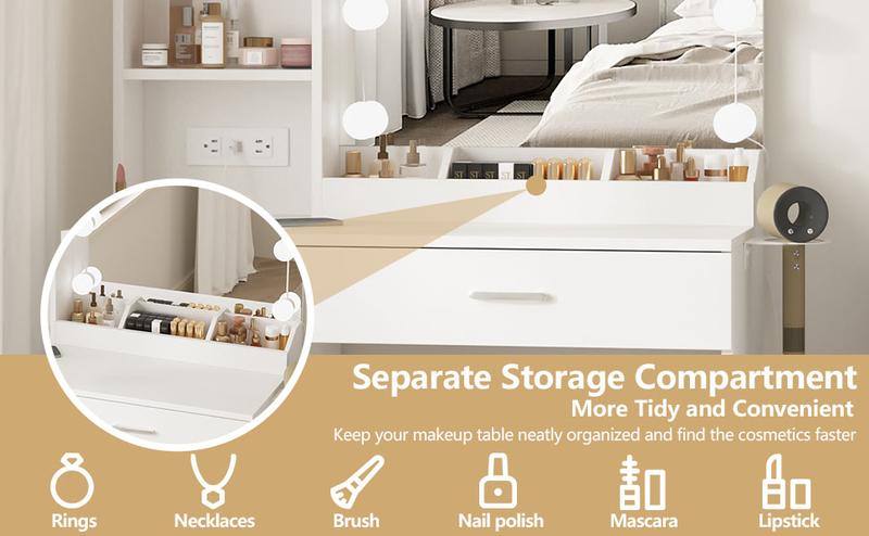 Vabches Vanity Desk with Mirror and Lights,Makeup Vanity with 2 Drawers Lots Storage,Vanity Table with Lighted Mirror,3 Lighting Colors, Brightness Adjustable,35in(L)