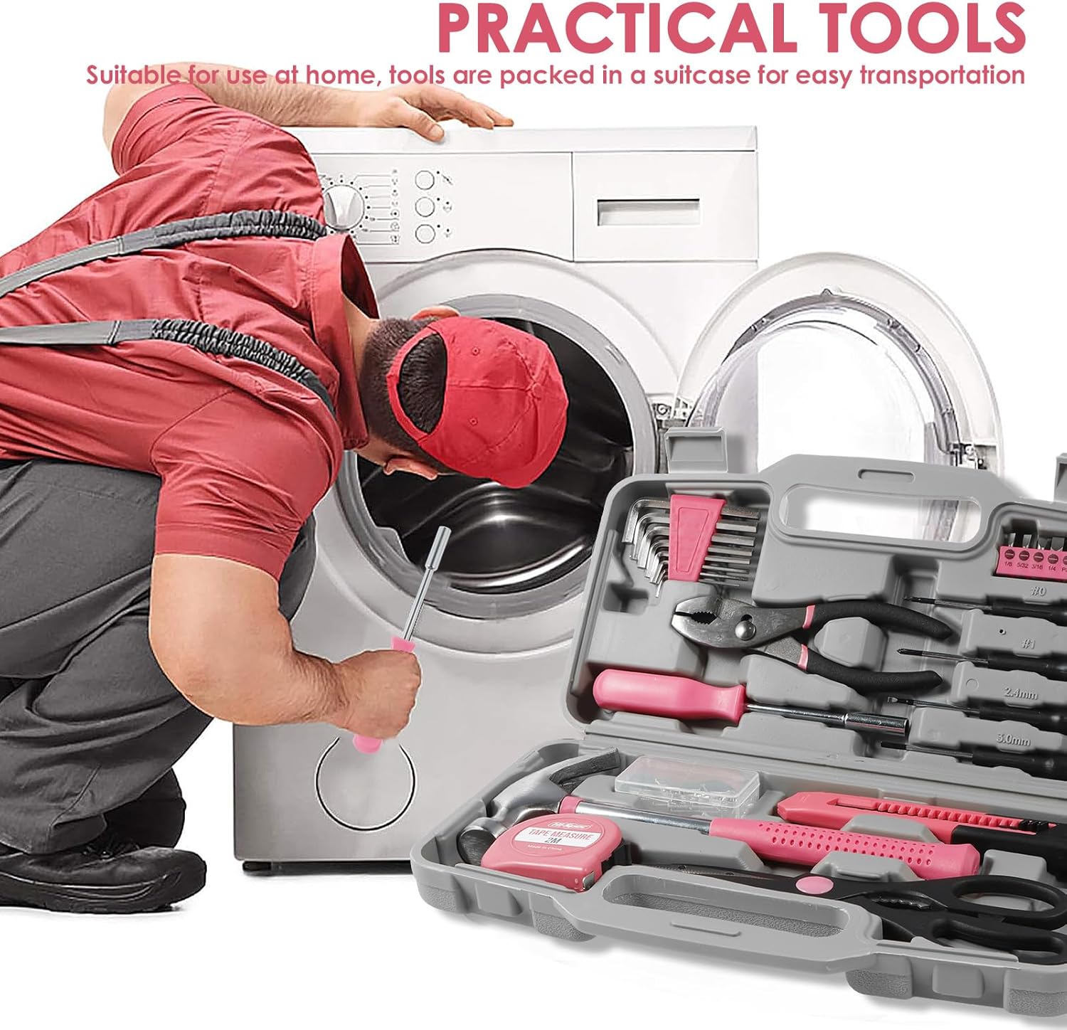 62pcs Tool Set General Household Tool kit, All Purpose Pink Basic DIY Tools Kit with Toolbox Storage Case for Girls Ladies and Women Home Garage Office College Dormitory Use