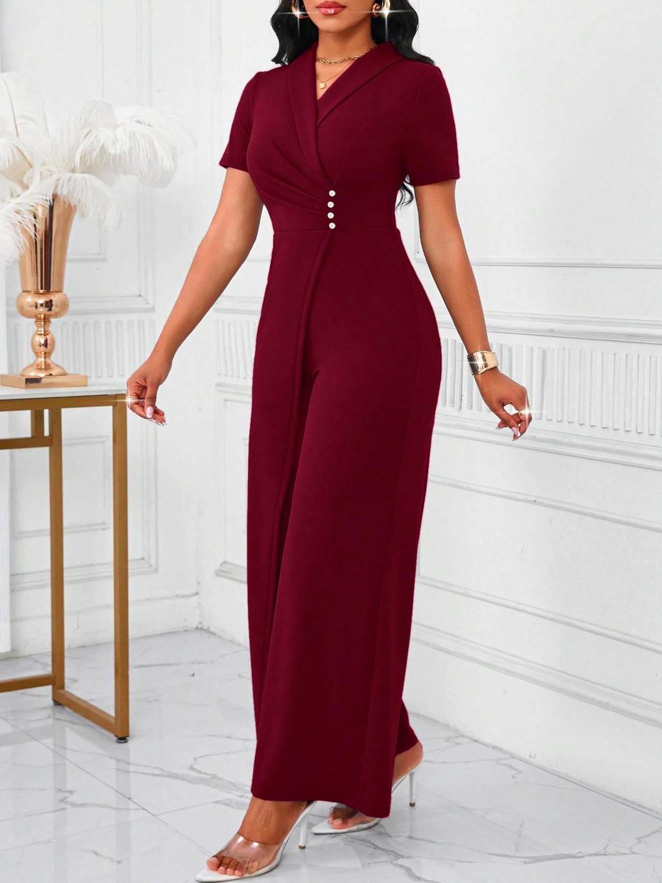 Spring Summer Slim Fit Women's Jumpsuit, Cross Neck Pure Color Single Button Waist Cinching Long, St Patrick's Day Party Wedding Season