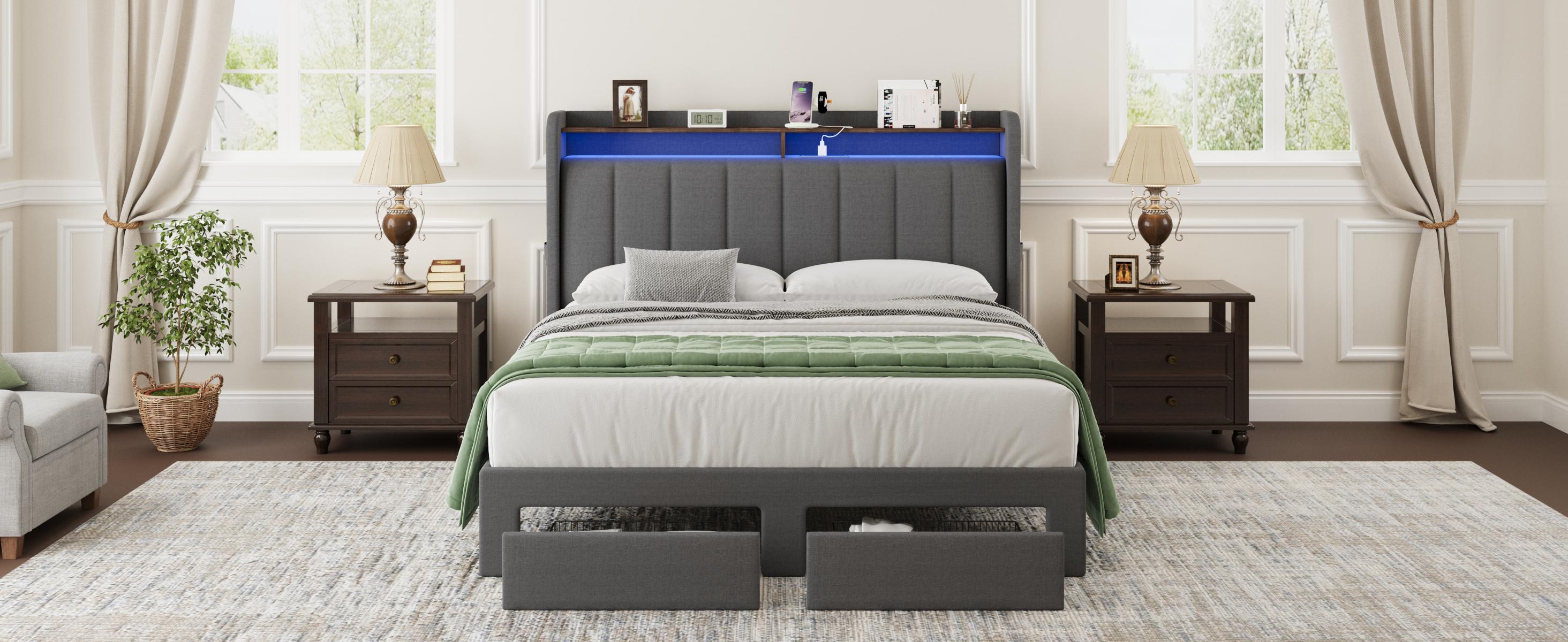 MUTICOR Upholstered Bed Frame with LED Shelf Headboard & 2 Drawers, Linen or Velvet Fabric, Smart Outlets,Full/King/Queen Bed Frame, No Box Spring Needed#TikTokShopBlackFriday #ChristmasGifts