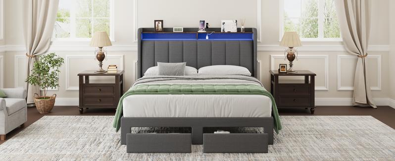 MUTICOR Upholstered Bed Frame with LED Shelf Headboard & 2 Drawers, Linen or Velvet Fabric, Smart Outlets,Full/King/Queen Bed Frame, No Box Spring Needed#TikTokShopBlackFriday #ChristmasGifts MUTICOR Upholstered Bed Frame with LED Shelf Headboard & 2 Drawers, Linen or Velvet Fabric, Smart Outlets,Full/King/Queen Bed Frame, No Box Spring Needed#TikTokShopBlackFriday #ChristmasGifts