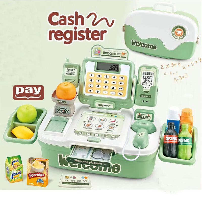 Simulation Cash Register Toy, Supermarket Cash Register Toy with Scanner & Coin & Bank Card & Food, Pretend Play Toy for Kids
