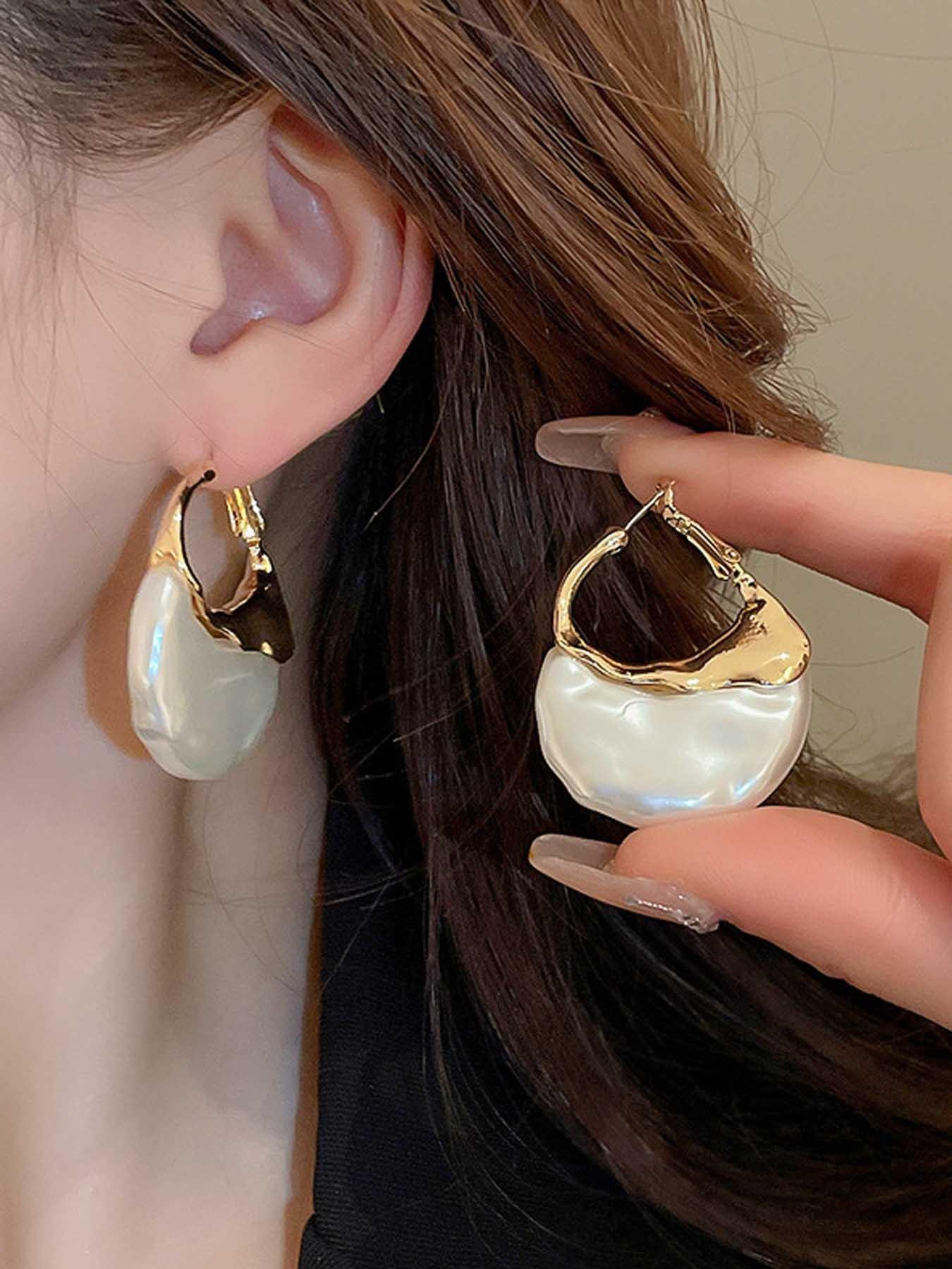 French Style Exaggerated Imitation Pearl Bag Shape Metal Earrings, Fashionable Simple Women's Elegant Creative Party Earrings